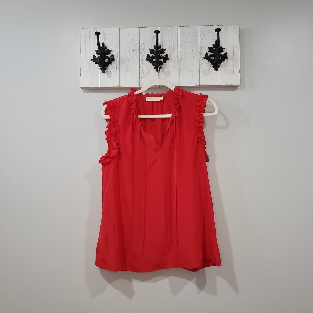Tory Burch Red Silk Ruffle Sleeveless Blouse Size 6 Chic Top